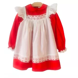 Vintage Girls Bryan Red Floral Dress Lace Trim Apron Size 4 - Picture 1 of 11