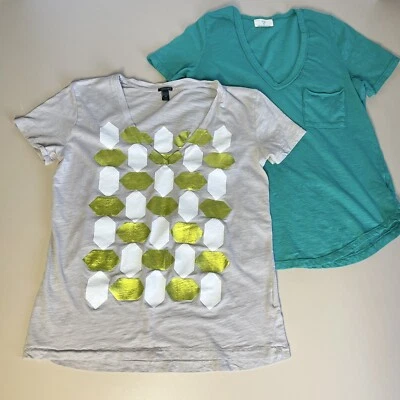 Lote de 2 camisetas para mujer Anthropologie t. la and JCrew verde azulado y geométricas talla XS Foto 1 de 4