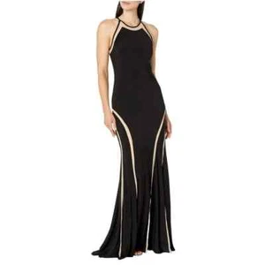 XSCAPE Black Nude Mesh Illusion Halter Gown Open Back Maxi Dress 2409 Size 4 - Picture 1 of 3