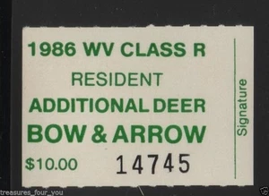 1986 West Virginia State Resident Additional Deer Bow & Arrow Hunting Stamp - Picture 1 of 1