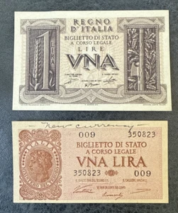 Italy Two 1 Lire  banknotes 1939 & 1944 - Pick #26 & #29a -Both Crisp - Picture 1 of 6