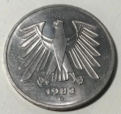 Vintage 1983-G Germany 5 Mark Coin AU - Image 1 of 2