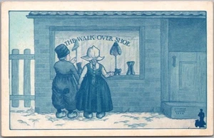 Vintage 1910s WALK-OVER SHOES Advertising Postcard Dutch Boy & Girl Store Window - Picture 1 of 2