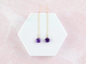 Purple Amethyst Faceted Heart Beads Gold Plated Chain Threader Drop Earrings - Picture 1 of 8