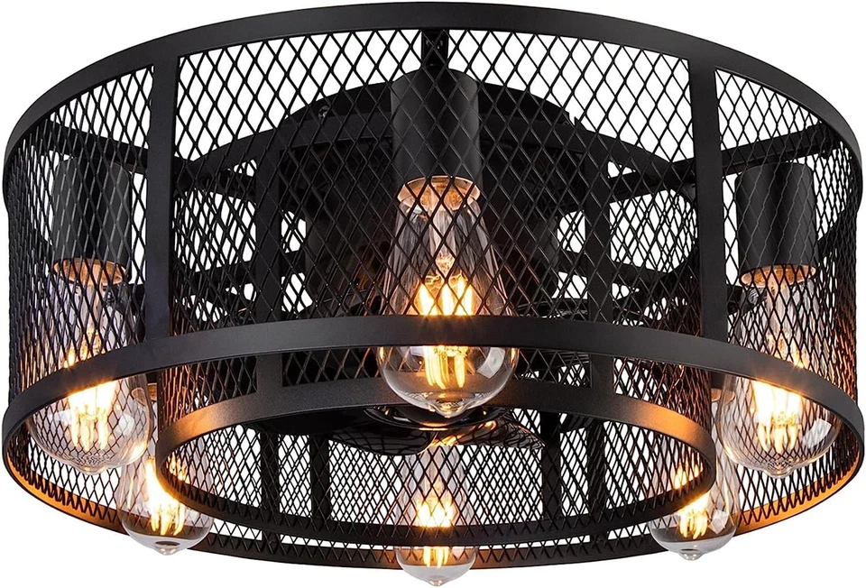 Cage Ceiling Fan with Light - 21'' Farmhouse Flush Mount Ceiling Fan Remote C... - Image 1 of 4
