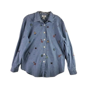 Teddi Embroidered Sailboats Button Up Shirt Blue Check Medium Nautical Lake - Picture 1 of 5