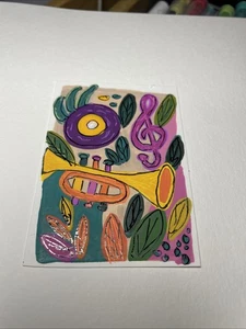 Aceo pintura original, trompeta boho, acrílico, 2,5” x 3,5”, miniatura - Imagen 1 de 3