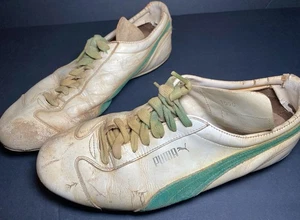 Vintage Puma Soccer Cleats 1950 White Green Leather Metal Studs Rare Shoes - Picture 1 of 8