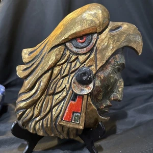 Rr Pineda Mexican Artist Signed Mid Century Polychrome Wood Mayan Warrior Figur - Picture 1 of 10