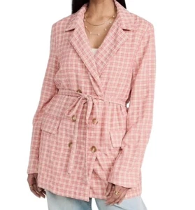Free People Olivia Gingham Plaid Blazer Jacket Size Small Belted Pink Rose NWT - Picture 1 of 14