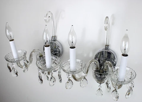Antique Vintage Pair Lead Crystal Wall Lamp Lights Sconces Cover