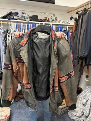 Mesa Ridge Vintage Suroeste Azteca Negro Rojo Gamuza Cuero Chaqueta Hombres Grande L Foto 1 de 2