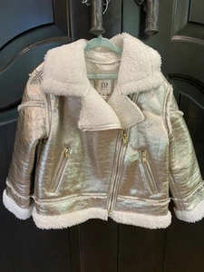 Gap Kids Jacket Coat Girls XS (4-5) Shiny Gold Metallic Moto Sherpa Lined - Picture 1 of 7