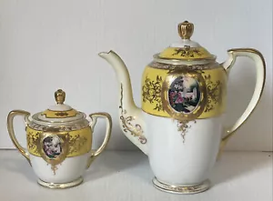 Genuine MK porcelain teapot & sugar bowl yellow W/ Gold Gilt & Oval Garden Scene - Picture 1 of 12