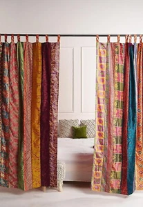 2 Pcs Indian Sari Patchwork Curtain Drape Window Decor Multi Silk Sari Curtain - Picture 1 of 7