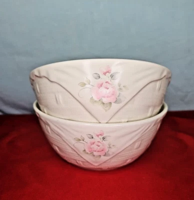 Serving Bowl Basket Weave Set of 2 Pfaltzgraff Tea Rose 7.5"D Pink Flowers - Image 1 of 4