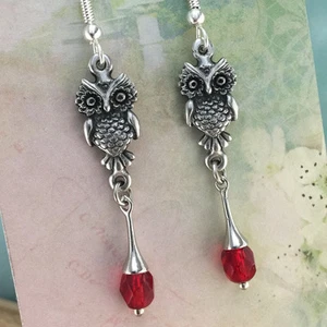 Owl Earrings & Red Crystal, Solid Pewter & Stainless Steel, Australian Made - Picture 1 of 3