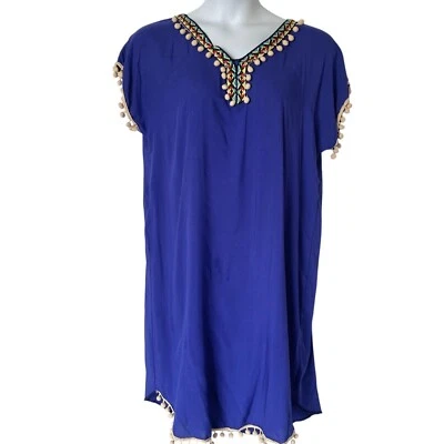 Tunisian Blue Kaftan Tunic Womens V-Neck Short Sleeve Pom Pom Trim Dress M/L - Image 1 of 4