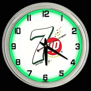 16" 7UP White with Bubbles Sign Green Neon Clock Man Cave Garage Bar 7 UP - Picture 1 of 2