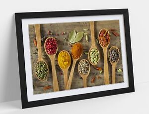 HERBS AND SPICES ON SPOONS KITCHEN DECOR FRAMED WALL ART POSTER PRINT 4 SIZES