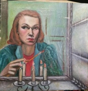 WOMAN painting self portrait by CANDLELIGHT vintage OIL PAINTING on canvas - Picture 1 of 12