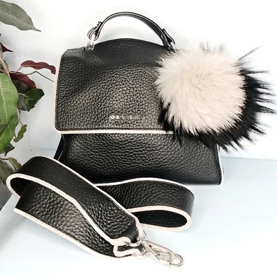 Orciani Black Leather Handbag with Shoulder Strap Fur Pom Purse Bag Italy - Image 1 of 4