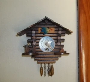 Miniature German Wind Up Wooden Wall Clock Chalet Pendulum Works w/ Key - Picture 1 of 5