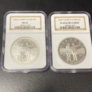 Set Of 2 - 2004-P Proof Lewis & Clark Silver Commem Dollar NGC PF 69 UC & MS 69 - Picture 1 of 9