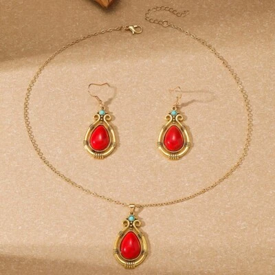Hermoso Conjunto de Pendientes y Collares Colgantes Turquesa Roja Retro Moda Foto 1 de 4