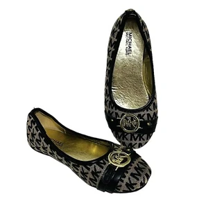 Michael Kors Tori Drew 2 Signature Tan Black Ballet Flats Girls Youth Size 12 - Picture 1 of 10