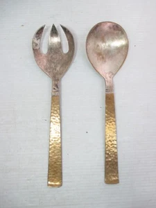 Vintage Salat Servier Set Gabel & Löffel Hecho En Mexico Plateado P 1 86 mit Gold - Bild 1 von 12