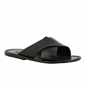 Italian shoes handmade men's flip flops slide slippers in black genuine leather