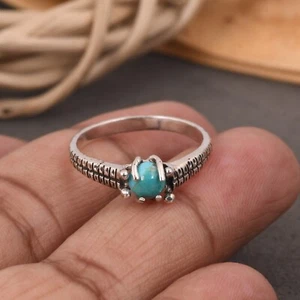 Turquoise And Genuine Sterling Silver Texture Band Ring Handmade Boho Jewelry - Picture 1 of 11