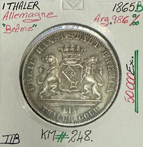 ALLEMAGNE (BREME) 1 THALER - 1865 B - Pièce de Monnaie en Argent // TTB - Imagen 1 de 2