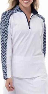 NWT San Soleil Rally Navy Blue White Long Sleeve Mock Tennis Shirt - M UPF 50 - Picture 1 of 3