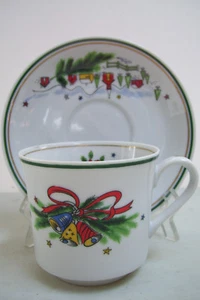 SALEM CHRISTMAS EVE CUP & SAUCER TREE GREEN RED BANDS - Picture 1 of 4