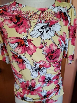 Peonías florales de cuello redondo ELLEN TRACY con lados brillantes y acanalados medianas nuevas sin etiquetas. DY Foto 1 de 4