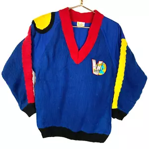 Vintage Grandpa Knit Sweater Size Small Blue V-Neck 80s 90s Abstract Color Block - Picture 1 of 3