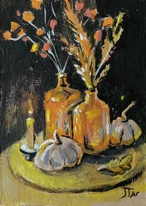 Tarjeta Acrílica ACEO Otoño Bodegón Jarrón Calabaza Imán Decoración - Imagen 1 de 4