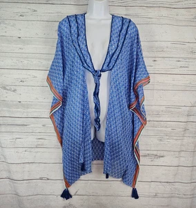 Raj Damen Coverup Einheitsgröße blau weiß Quasten vorne zum Binden Baumwolle - Bild 1 von 4