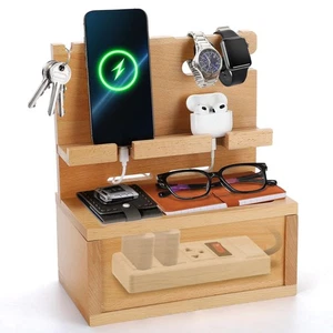 Organizzatore Comodino in Legno di Faggio con Scatola Gestione Cavi - Docking Telefono Stat... - Foto 1 di 7