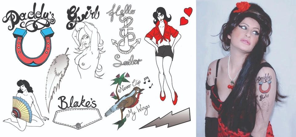 TATS Amy Winehouse Fancy Dress Pin Up Girl Sailor Tattoos, Costume Outfit Halloween