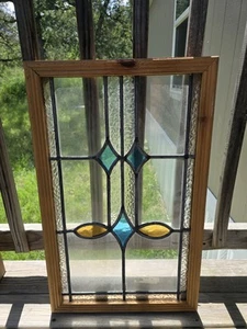 26 3/4 x 16 3/4 inch LONG LEADED STAINED GLASS WINDOW IN FRAME Blue Yellow - Picture 1 of 19