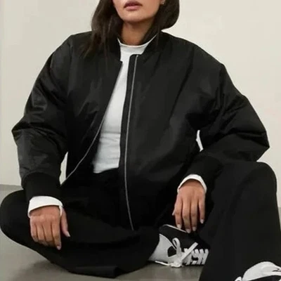 NWT Athleta Sateen Bomber Jacket Relaxed Oversized Fit Black Size Medium  - Image 1 of 4