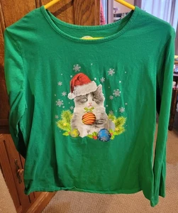 Holiday Time, Erwachsene Gr. XL (16-18), grünes Langarmshirt, Weihnachten Katze - Bild 1 von 1