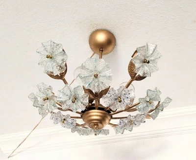 Antique Vintage Murano Milk Glass Chandelier Floral Daisy Wall art 3 Lamps - Image 1 of 4