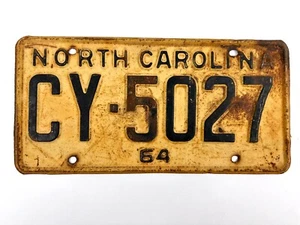Vintage 1964 North Carolina License Plate Yellow 6"x12" Good Condition - Picture 1 of 2