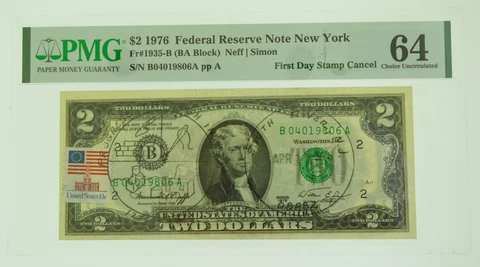 1976 $2 Federal Reserve Note First Day of Issue Stamp Cancel #64 Choice UNC Cover