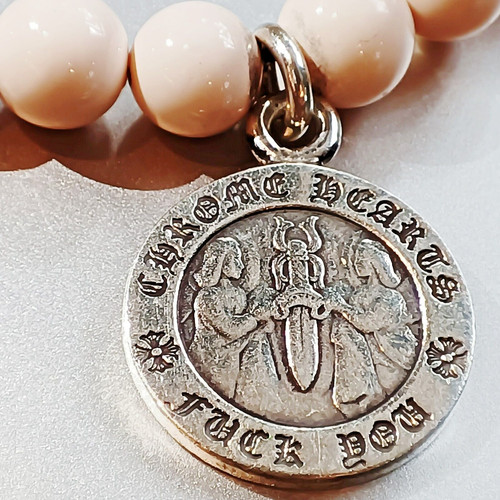 CHROME HEARTS CUORI CROMATI 2003 SV925 ciondolo medaglia angelo e bracciale perline rosa chiaro 7 pollici.