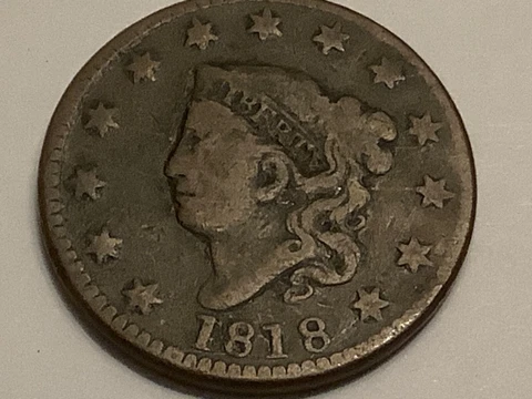 1818. Coronet Head Large Cent . 100% Copper Cover